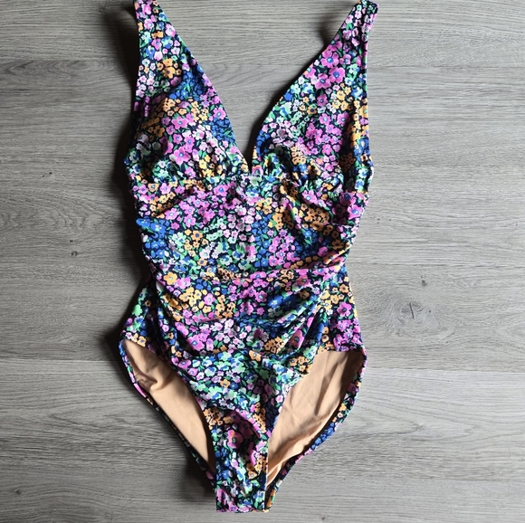 J. Crew V-neck Ruched One-Piece Swimsuit Bathing Suit Floral Pink Orange Large - Picture 2 of 9